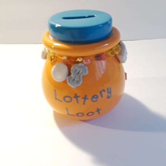 Lottery Money Bank Pottery Jar With Lid - Picture 1 of 8